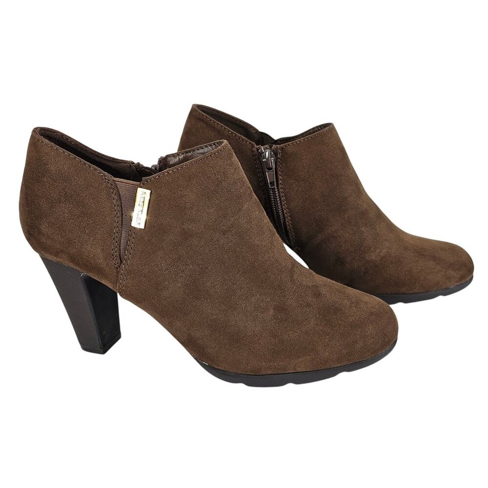 ANNE KLEIN XLAND BROWN HEEL ZIP ANKLE BOOTIES – WOMEN’S SIZE 7 – FABRIC UPPER